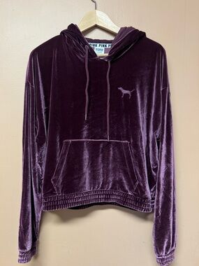 Victoria’s Secret PINK Burgundy Plum Velour Cropped Pullover Hoodie L Comfy Cozy
